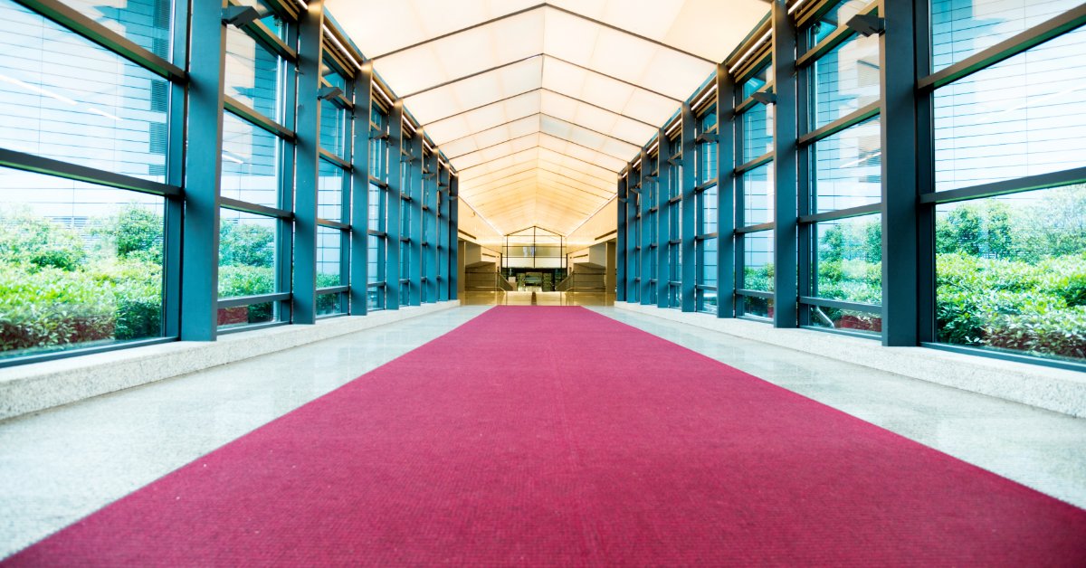 A red carpet stretches the entire length of a long hallway. There are windows on either side of the hallway.