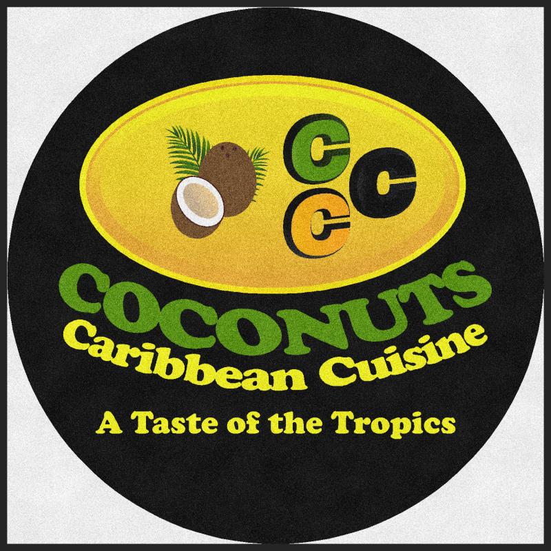 Coconuts Caribbean Cuisine 5 X 5 Rubber Backed Carpeted HD Round - The Personalized Doormats Company