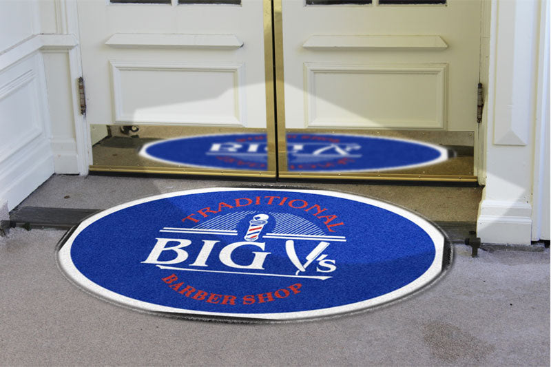 Big Vs Traditional Barbershop 3 X 5 Rubber Backed Carpeted HD Round - The Personalized Doormats Company