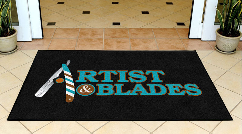 Artist & Blades Barber/Stylist Shop 3 X 5 Rubber Backed Carpeted HD - The Personalized Doormats Company
