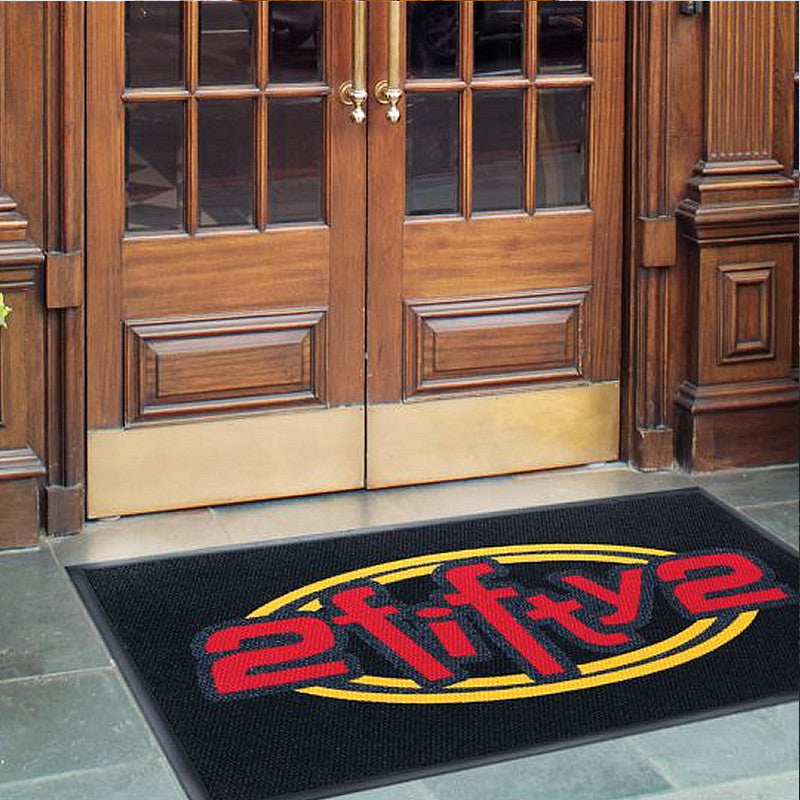 Luxury Berber Inlay Doormat | The Personalized Doormats Company| Black Background Red and yellow Logo
