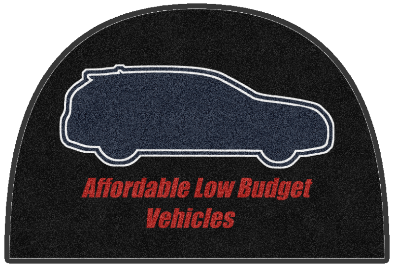 AFFORDABLE LOW BUDGET VEHICLES 4 X 6 Rubber Backed Carpeted HD Half Round - The Personalized Doormats Company